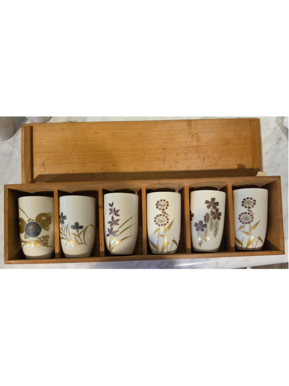 Vintage Otagiri OMC Japan Wildflowers 6 Tea Cup Set Hand Painted Wood Box